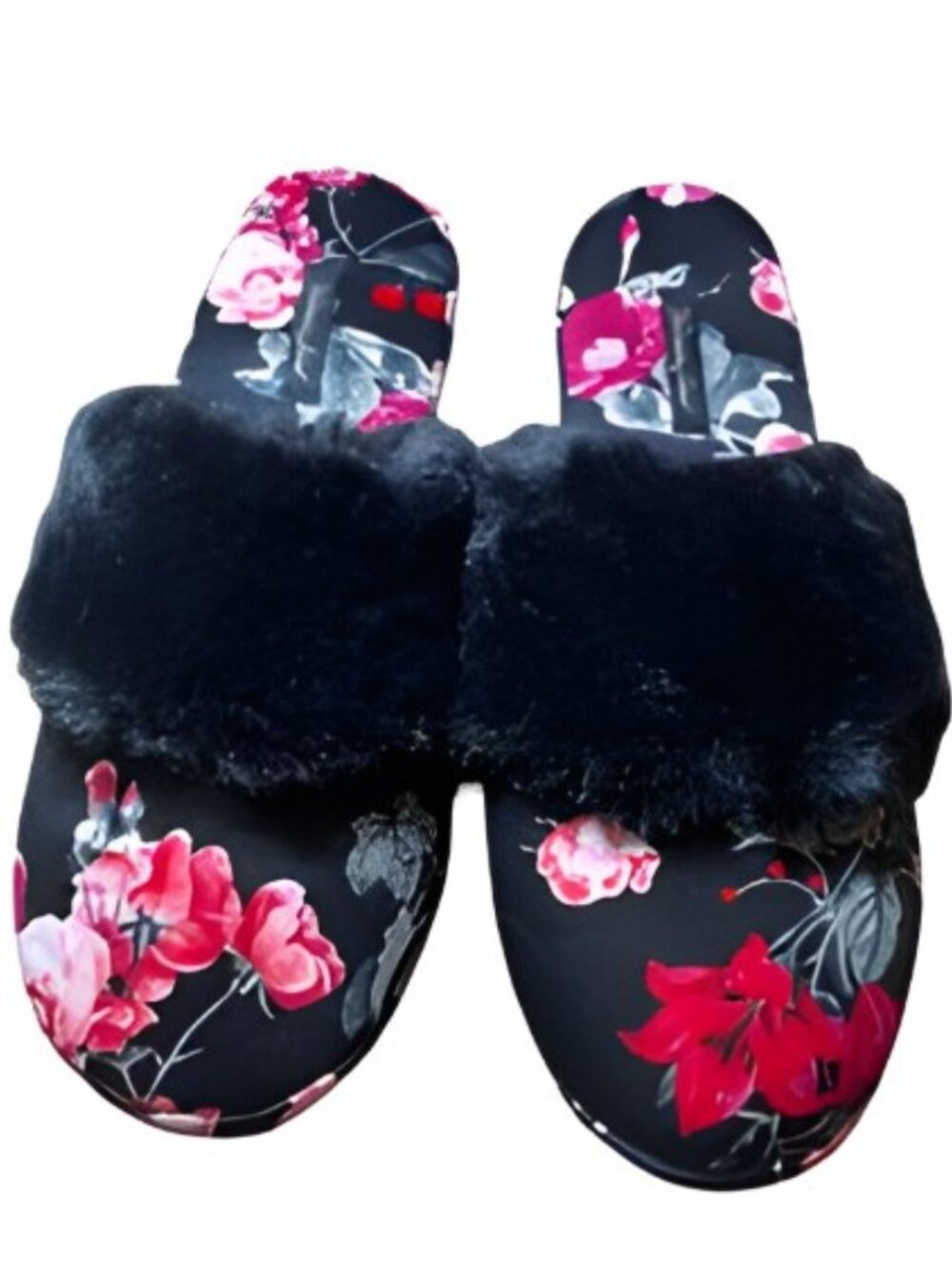 Victoria's Secret Satin Floral Faux Fur Slide Slippers  Size Medium  Like New